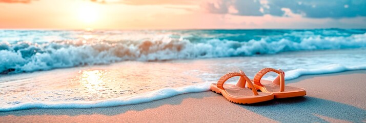 Orange flip-flops on a sandy beach with foamy waves at sunset. Copy space - obrazy, fototapety, plakaty