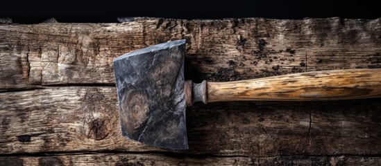 An old axe is firmly lodged in a piece of wood, creating a striking visual of a tool in action. The wood shows signs of wear and splintering from the force of the axe.