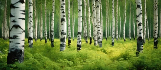 Schilderijen op glas A detailed painting showcasing a grove of summer birch trees in a vibrant green forest. The focus is on the intricacies of the trees and foliage, capturing the essence of a wooded area. © Elture