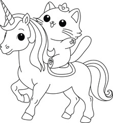 The cute cat is riding a unicorn coloring page