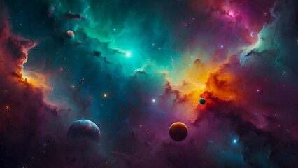 Fototapeta na wymiar beautiful space illustration with turquoise and purple,yellow, orange and red colors