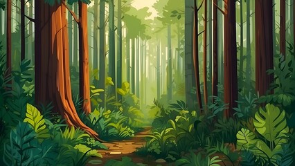 illustration of green forest large trees background AI Generated