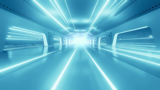 Science lab or sci-fi corridor. bright light at end rushing in. Monotone style design concept. Science elements and innovation background. Animation Seamless loop, 3D Render.	