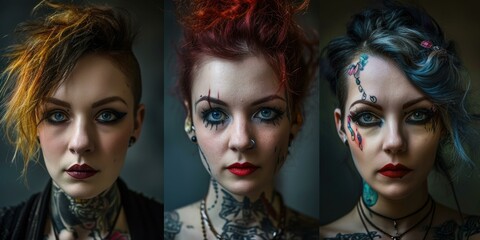 Three women with tattoos on their faces. Generative AI.