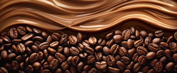 Gourmet backdrop with aromatic coffee beans nestled in rich dark chocolate swirls, accented by golden beads for a luxurious and indulgent visual treat. - obrazy, fototapety, plakaty