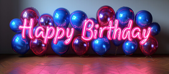 Celebratory Blue Balloons with Vibrant Pink 'Happy Birthday' Neon Sign - Festive Party Concept