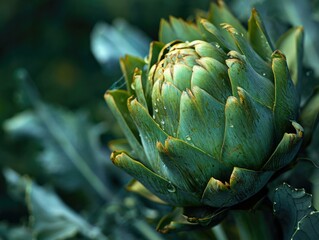 Fototapeta premium A close up of green artichoke. Generative AI.