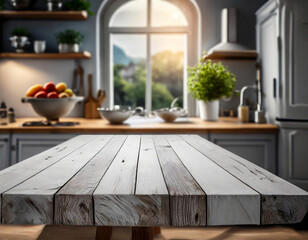 Empty wooden top table in kitchen with blurred window background in the morning