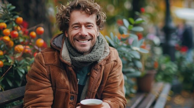 Happy man holding coffee cup on bench in garden