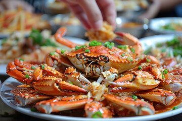 A hand grabbing a crispy crab from a pile, food and culinary