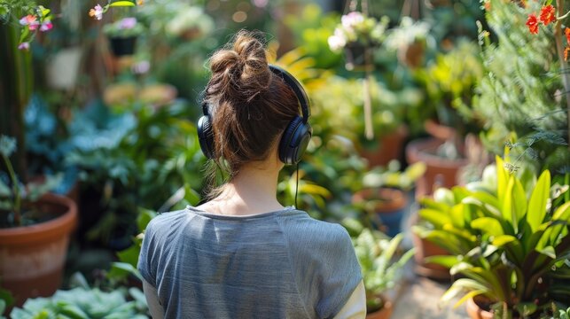 a woman gardening, headphones on, enjoying her favorite tunes generative ai