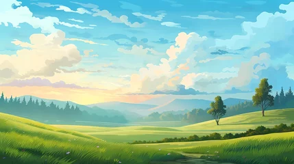 Gordijnen Vector illustration of beautiful field landscape with dawn, green hills, blue sky bright colors © munja02