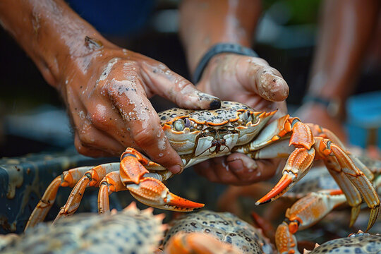 A hand grabbing a fiddler crab from a pile, food and conservation concept