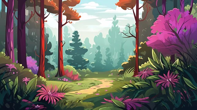 Vector cartoon illustration of morning forest background. Bright forest with ferns and flowers