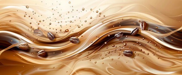 Abstract waves of coffee and cream intertwined with roasted beans, presenting a luxurious and aromatic visual perfect for gourmet beverage and culinary themes. - obrazy, fototapety, plakaty