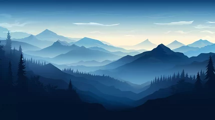 Poster Vector illustration of beautiful dark blue mountain landscape with fog and forest. sunset in the mountains. © munja02