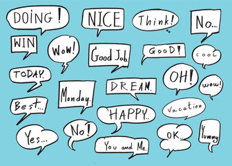 Cute vector speech bubble colorful set,Hand drawn set of speech bubbles with handwritten for book ,card, business, poster design. Vector illustration design for fashion fabrics, textile graphics