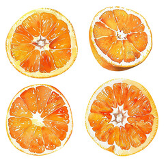 Watercolor set of oranges with hand paint texture on a transparent background, sliced ​​orange, and orange segments, and leaves.