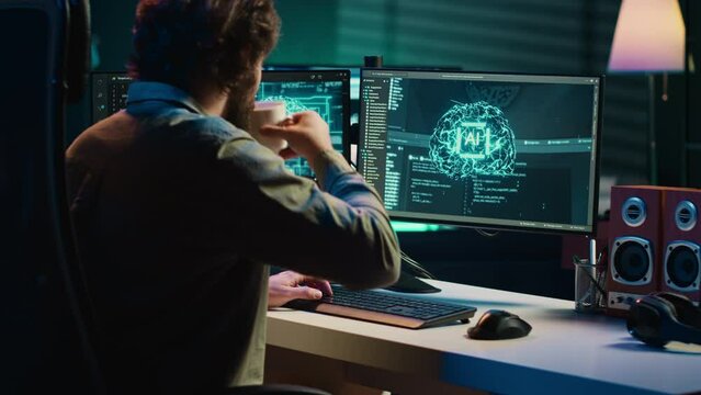 Programmer being asked existential questions by awaken AI gaining consciousness, emulating humans and passing turing test. Man communicating with artificial intelligence, camera A