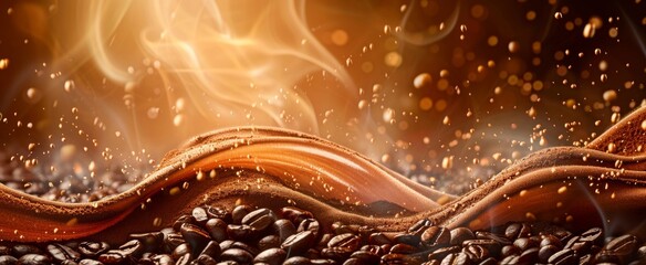 Warm swirls of coffee with golden sparks and roasted beans, a rich depiction of gourmet indulgence and aromatic freshness, perfect for coffee lovers and culinary art.