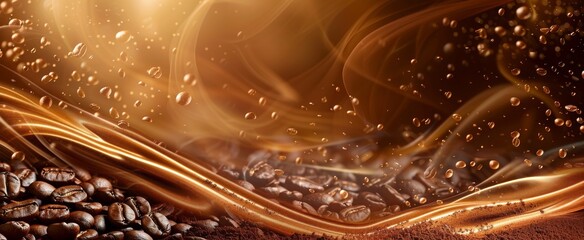 Warm swirls of coffee with golden sparks and roasted beans, a rich depiction of gourmet indulgence and aromatic freshness, perfect for coffee lovers and culinary art. - obrazy, fototapety, plakaty