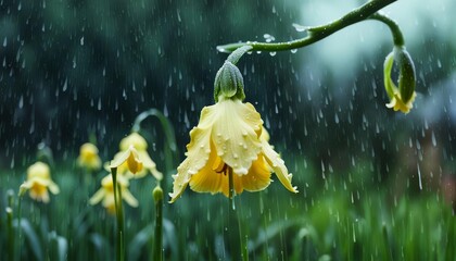 Daffodil buds in the pouring spring rain. 