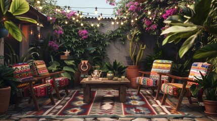 Spanish cozy bohemian outdoor patio, lush greenery and string lights, with patterned textiles brick walls - obrazy, fototapety, plakaty
