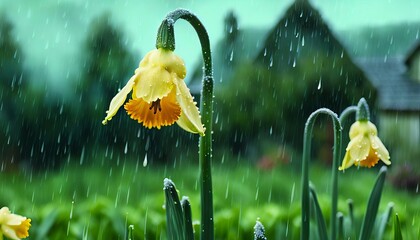 Daffodil buds in the pouring spring rain.  - obrazy, fototapety, plakaty