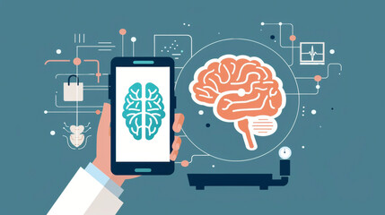 A doctors hand holding a smartphone with a telepsychiatry app as an AI sentiment analysis tool analyzes the patients tone and language.