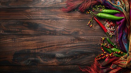 Vibrant Textiles and Jalapeños: Rich Textures and Colors on a Wooden Background