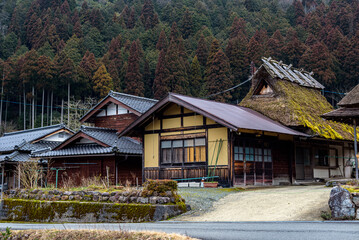 Traditional thatched roof houses of Miyama village in Kyoto Prefecture in Japan, made using kayabuki grass roofing technique, a UNESCO Intangible Cultural Heritage on 17 February 2024