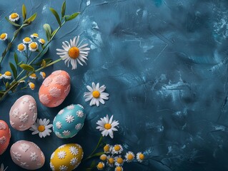 Colorful easter eggs with spring flowers on dark blue background.