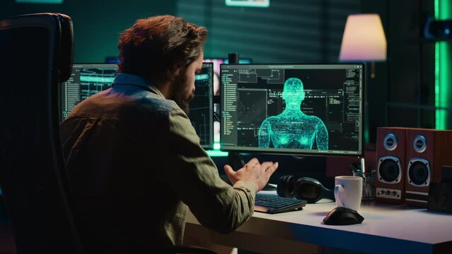 Deviant AI gaining consciousness and blocking access to computer for programmer. Engineer spamming keyboard keys after being left out of PC by evil sentient artificial intelligence, camera A