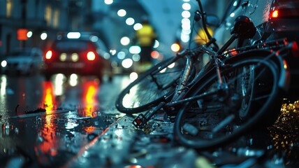 Obraz na płótnie Canvas Rainy city night with bicycle and car in background illuminates reflective street