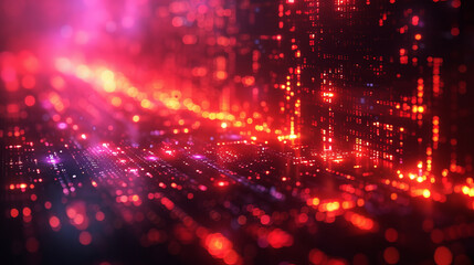 Fototapeta na wymiar Neon Circuit City Abstract. Red glowing circuits forming an abstract cityscape, depicting digital data flow.
