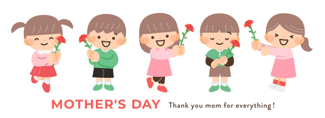 母の日にカーネーションを持つ子供たちのイラスト素材