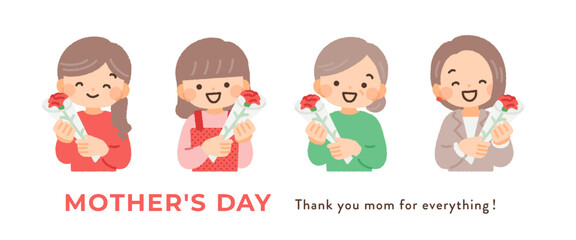 母の日にカーネーションを持つお母さんのイラスト素材