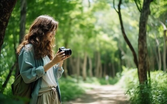 Side view of calm young female tourist in casual summer clothes taking photo of green trees on photo camera