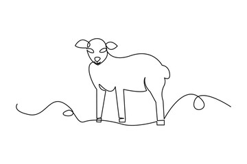 Minimalistic line drawing of a sheep standing on a continuous line landscape. Vector illustration. EPS 10.