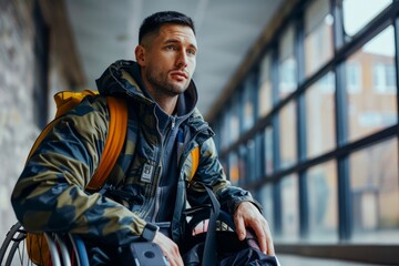 Fototapeta premium Young Adult Male Traveler Waiting in Airport Terminal with Backpack and Thoughtful Expression