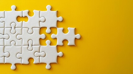 White puzzle pieces on a bright yellow background symbolizing problem-solving