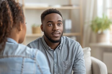 Young African American Man Engaged in Conversation with Female Companion Indoors, Close-up Portrait