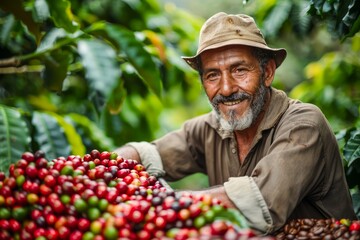 Smiling Farmer Picking Fresh Coffee Berries at Organic Plantation during Harvest Season