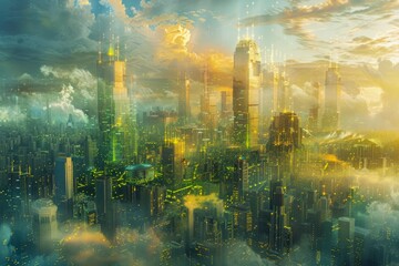 Surreal Cityscape Merge with Nature, Futuristic Urban Skyline with Forest Overlay, Dreamy Metropolis Concept