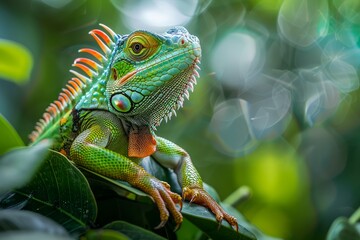 Obraz premium Vivid Close-up of a Green Iguana (Iguana iguana) Resting on Leaves in a Tropical Environment with Bokeh Background
