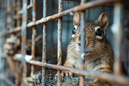 Close-up View of a Squirrel Captured Inside a Metal Cage Looking Out