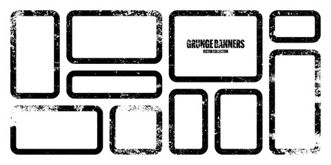 Grunge square frames, banners with stains and scratches. Brush stroke, rectangular shape design element. Distressed dirty text frame, border. Paintbrush, ink stains. Vector illustration