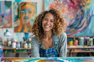 Fototapeta premium Joyful Artist with Curly Hair Smiling in Her Colorful Art Studio Full of Paintings and Art Supplies