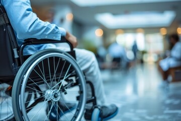 Man in Wheelchair with Blurred Background in a Modern Hospital Corridor, Focus on Mobility and Accessibility