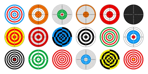 Poster Shooting range paper targets. Round target with divisions, marks and numbers. Archery, gun shooting practise and training, sport competition and hunting. Bullseye and aim. Vector illustration © 32 pixels